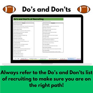 Puede incluir: Una pantalla de computadora port&aacute;til que muestra una lista de "Do's and Don'ts of Recruiting" con un fondo verde. La lista est&aacute; dividida en dos columnas, una para "The Do's" y otra para "The Don'ts". El texto en la pantalla est&aacute; en fuente negra. La computadora port&aacute;til est&aacute; sobre una superficie verde. El texto "Always refer to the Do's and Don'ts list of recruiting to make sure you are on the right path!" se muestra debajo de la computadora port&aacute;til.