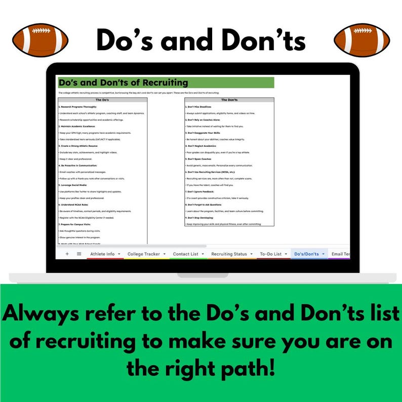 Puede incluir: Una pantalla de computadora port&aacute;til que muestra una lista de "Do's and Don'ts of Recruiting" con un fondo verde. La lista est&aacute; dividida en dos columnas, una para "The Do's" y otra para "The Don'ts". El texto en la pantalla est&aacute; en fuente negra. La computadora port&aacute;til est&aacute; sobre una superficie verde. El texto "Always refer to the Do's and Don'ts list of recruiting to make sure you are on the right path!" se muestra debajo de la computadora port&aacute;til.