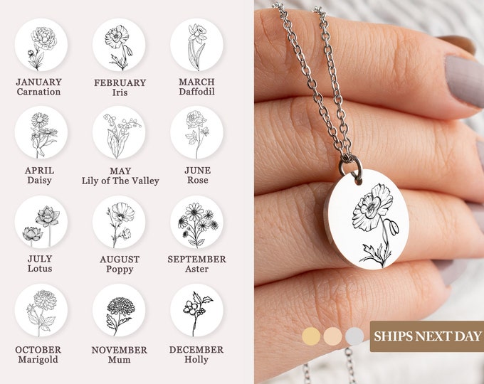 Personalized Birth Flower Disc Necklace, Month Floral Charm Necklace, Custom Initial Necklace Jewelry, Christmas Bridesmaid Gift for Her/Mom