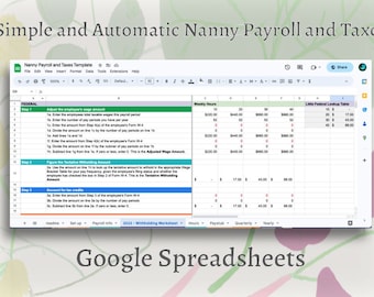 May include: A Google Sheets spreadsheet with a green and white color scheme. The spreadsheet is titled "Simple and Automatic Nanny Payroll and Taxes". The spreadsheet includes a section for "Federal" taxes and a section for "Weekly Hours". There is also a "Little Federal Lookup Table" with numbers and dollar amounts.