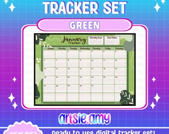 May include: Green digital printable January calendar tracker with a monthly goal and total sales section. The calendar has a green background with floral and leaf illustrations. The text "January Tracker" is in a white font. The text "artsie.amy" is in a white font on a green background.