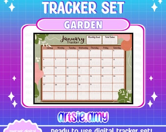 May include: A printable digital calendar tracker for January with a green, brown, and pink floral design. The calendar has spaces for each day of the month and includes sections for monthly goals and total sales.