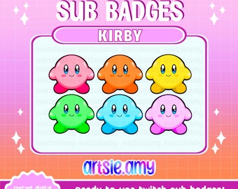 May include: A digital graphic featuring six colorful Kirby-inspired sub badges for Twitch. The badges are in pink, orange, yellow, green, blue, and light pink. Text includes "SUB BADGES" and "KIRBY". The image also includes the text "artsie.amy".