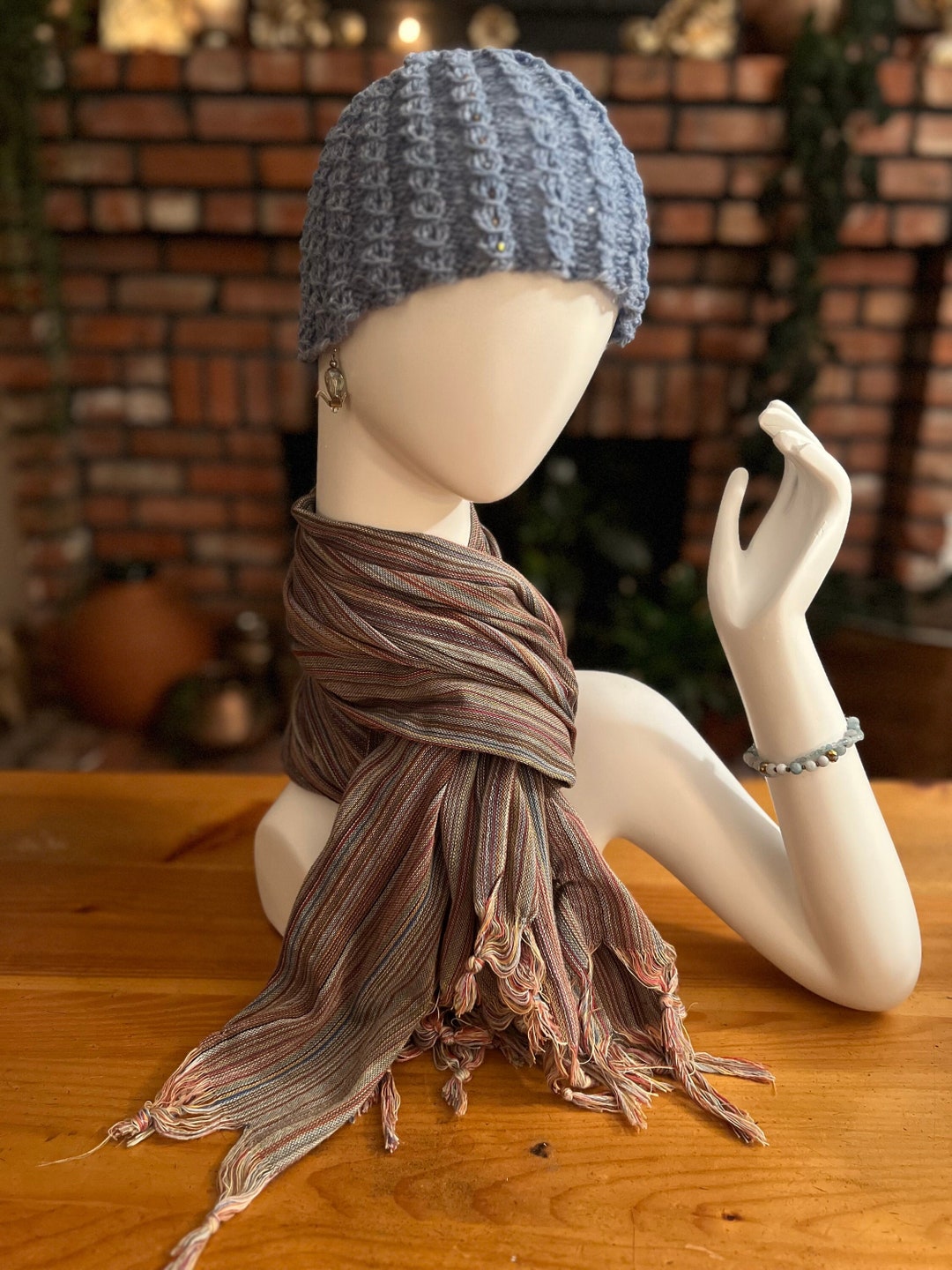 Swarovski Cabled Merino Wool Beanie in Chambray - Etsy