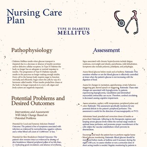 Puede incluir: Un plan de atención de enfermería para la diabetes tipo 2. El plan incluye información sobre la fisiopatología, los problemas potenciales, los resultados deseados, las intervenciones, las evaluaciones y la enseñanza al paciente y a la familia, así como la planificación del alta. El plan también incluye un gráfico de estetoscopio.