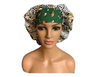 May include: A white and green bouffant surgical scrub cap with a green band featuring images of a character from the movie "Elf". The cap has a repeating pattern of text and images from the movie.