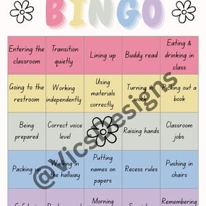 May include: A colorful classroom bingo game titled "Routines & Procedures." The bingo card features various classroom activities like "Entering the classroom," "Lining up," and "Buddy read." The word "BINGO" is in large, multi-colored letters.