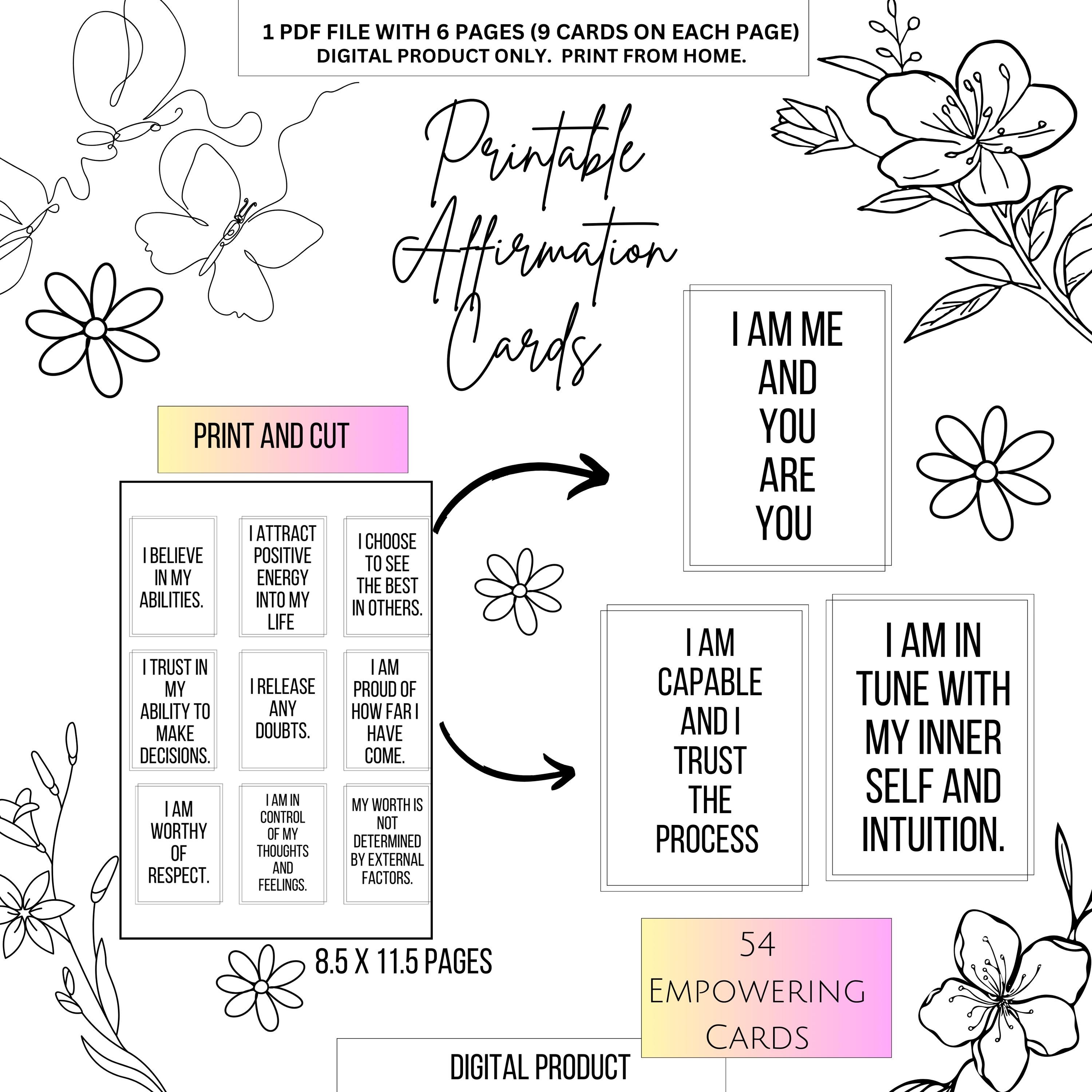 Printable 54 Positive Affirmation Cards Simple, Mental Health, Wellness ...