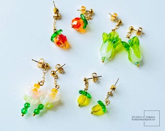 Glass Bead Dangling Earrings – Persimmon, Bok Choy, Pineapple & Floral Options | Handmade, Gold Plated