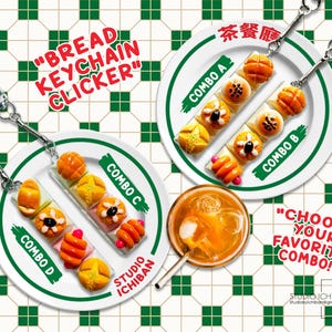 May include: Four bread-themed keychains featuring miniature food charms attached to silver-toned metal clips. The keychains are displayed on white plates labeled Combo A, B, C, and D, with text reading BREAD KEYCHAIN CLICKER and CHOOSE YOUR FAVORITE COMBO.