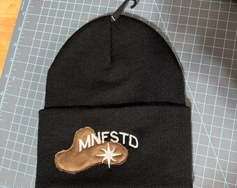 Handmade suede patch embroidered Manifested W.W. Beanie