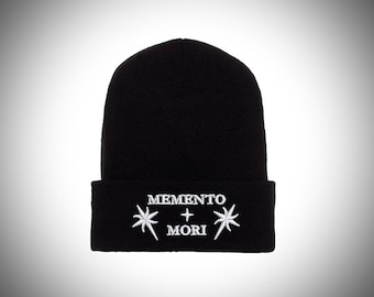 Memento Mori Beanie, Embroidered Skull, Gothic Headwear