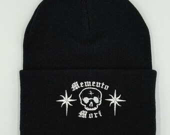 Memento Mori Skull Beanie, Embroidered Knit Headwear