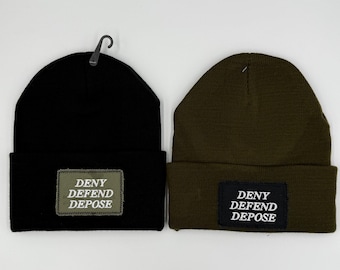 DENY, DEFEND, DEPOSE, Anti Capitalist hat - Embroidered Canvas Patch Beanie