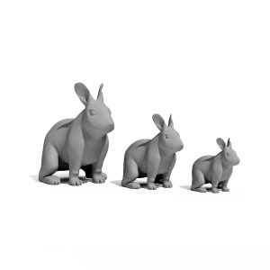 May include: Three gray rabbit sculptures of varying sizes are arranged from largest to smallest. The rabbits are in a seated position with their ears perked up. The sculptures are on a white background.