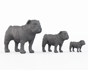 Op de afbeelding: Drie grijze bulldog standbeelden van verschillende groottes staan op een rij. De beelden hebben gedetailleerde kenmerken, die de rimpels en de gespierde bouw van het ras laten zien. De achtergrond is effen wit.