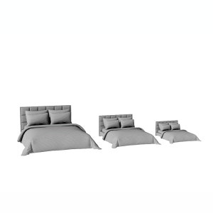 May include: Three beds of varying sizes are displayed. Each bed has a padded headboard, two pillows, and a striped comforter. The beds are all in a neutral color palette, suitable for a bedroom setting.