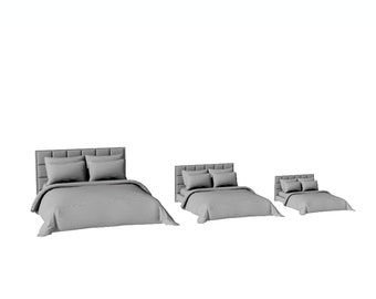 Könnte beinhalten: Drei Betten in verschiedenen Größen werden gezeigt. Jedes Bett hat ein gepolstertes Kopfteil, zwei Kissen und eine gestreifte Bettdecke. Die Betten sind alle in einer neutralen Farbpalette gehalten, passend für ein Schlafzimmer.