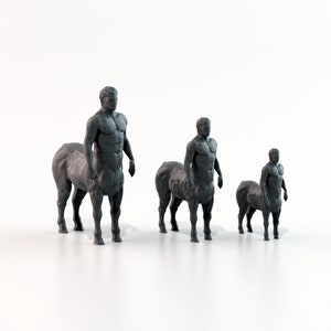 Op de afbeelding: Drie donkergrijze centaurbeelden van verschillende groottes staan tegen een witte achtergrond. De beelden beelden gespierde menselijke torso's af bovenop paardenlichamen. De figuren zijn gedetailleerd, met zichtbare spieren en realistische paardenanatomie.