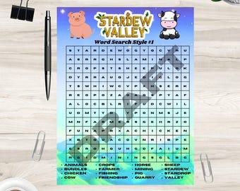 May include: A Stardew Valley word search puzzle with a pig and cow illustration at the top. The puzzle grid is filled with letters, and a list of words to find is at the bottom. The text "Word Search Style #1" is also visible.