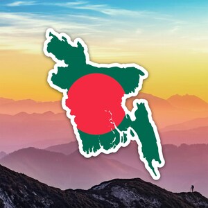 May include: A sticker depicting the map of Bangladesh in green, with a red circle, set against a mountain range. The sticker has a white border and is placed on a background of a sunset.