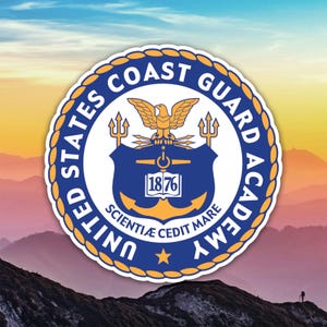 May include: A circular sticker featuring the United States Coast Guard Academy seal. The seal is blue, gold, and white, with an eagle, tridents, and the text "United States Coast Guard Academy" and "Scientiae Cedit Mare". The year 1876 is also visible.