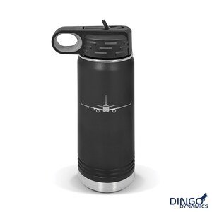 May include: Black stainless steel water bottle with a white airplane silhouette design. The bottle has a black lid with a carrying handle.