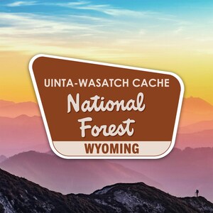 Könnte beinhalten: Ein braunes und weißes Schild mit dem Text "UINTA-WASATCH CACHE National Forest WYOMING" vor dem Hintergrund einer Bergkette und eines farbenfrohen Himmels. Das Schild hat eine einzigartige Form und der Text ist in einer stilisierten Schriftart.