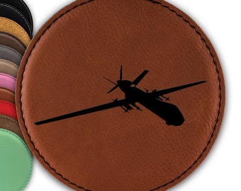 MQ-9 Reaper Coaster / Laser Engraved Leatherette Round Coasters / Choose Color / Customize / flying drone uav / DD-0124
