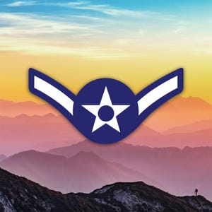 May include: A blue and white Air Force rank insignia, featuring a star within a circle and two upward-pointing bars. The emblem is set against a scenic backdrop of mountains and a colorful sky, evoking a sense of pride and service.