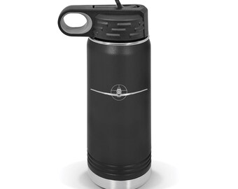 May include: Black insulated water bottle with a silver airplane graphic. The bottle has a black lid with a built-in handle and a flip-top straw. The bottom of the bottle is silver. The brand name "Dingo Dynamics" is visible.