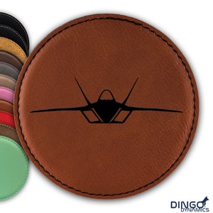 F-22 Raptor Coaster / Laser Engraved Leatherette Round Coasters / Choose Color / Customize / f22 stealth tactical fighter aircraft / DD-0044