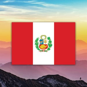 May include: The flag of Peru, a rectangular design with three vertical bands. The outer bands are red, and the central band is white. The Peruvian coat of arms is centered on the white band, featuring a vicuña, a cinchona tree, and a cornucopia.