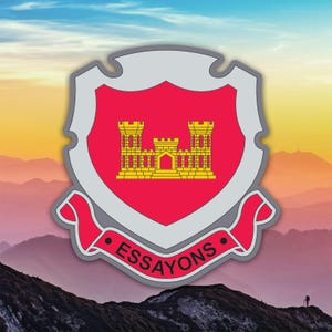 May include: A shield-shaped emblem with a red center featuring a yellow castle design. The emblem is outlined in gray and has a red banner with the word "ESSAYONS" in white. The background shows a mountain range under a colorful sky.