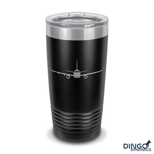 May include: Black stainless steel travel tumbler with a silver lid and a white silhouette of an airplane on the front.