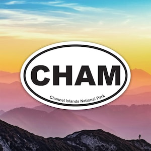 May include: Oval sticker with the letters "CHAM" in bold black font, with "Channel Islands National Park" below. The sticker is set against a backdrop of a mountain range and a colorful sky.