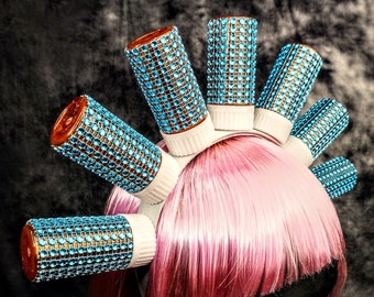 Pill Bottle Light Blue LED Headpiece (WHITE headband)- Festival, Lolita style, Halo headband. Burning Man, Rave gear, Kawaii