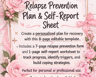 Relapse Prevention Plan Self-Report - Editable PDF Worksheet for Addiction Recovery Support