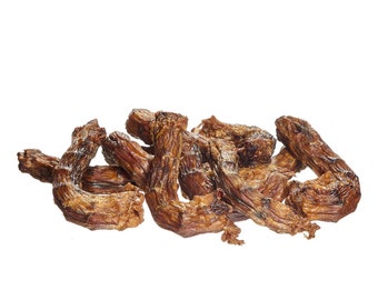 Cuellos de pollo deshidratados, masticables para perros, 100% naturales, orgánicos, de un solo ingrediente, se venden en paquetes de 4 unidades.