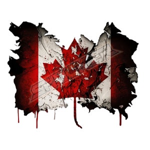 Puede incluir: Una bandera canadiense desgastada con una hoja de arce roja en el centro. La bandera está pintada sobre un fondo blanco con rayas rojas y blancas. Los bordes de la bandera están desgarrados y deshilachados, y hay gotas de pintura roja que caen por los lados.