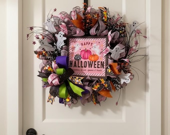 Happy Halloween Deco Mesh Wreath – Spooky Cute Pink Ghost and Pumpkin Door Wreath with Ribbons, Felt Ghosts and Star Picks