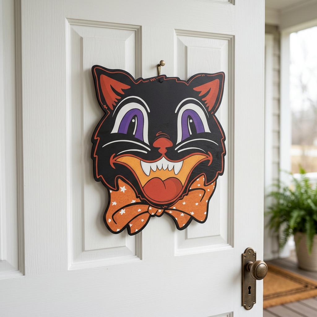 Retro Spooky Black Cat Halloween Door Hanger | Vintage Painted
