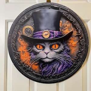 May include: A black cat wearing a top hat with a clock face and purple trim. The cat has orange eyes and is set against a background of orange and black gears and swirls.