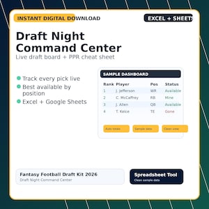 May include: A digital Draft Night Command Center spreadsheet tool for fantasy football. The interface features a sample dashboard with player rankings, positions, and status indicators. Text includes Draft Night Command Center, Excel + Sheets, and Fantasy Football Draft Kit 2026.