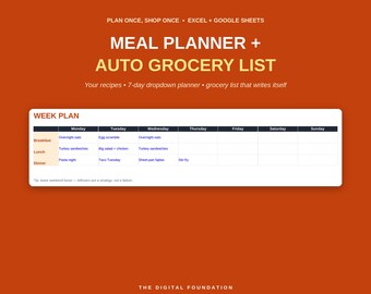 Foglio di calcolo per la pianificazione dei pasti / Lista della spesa automatica, Excel, Fogli Google (Download digitale)