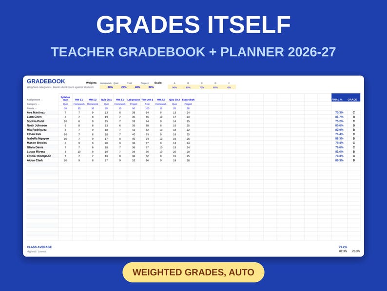 Carnet de notes et agenda de l'enseignant 2026-2027 | Notes pondérées, présence, leçons (Excel/Sheets) image 1