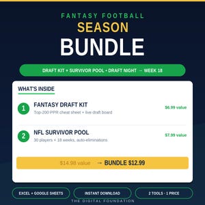 Fantasy Football Draft Kit 2026 & NFL Survivor Pool Bundle | Cheat Sheet, Draft Board, Pool Manager (Excel, Google Sheets)
