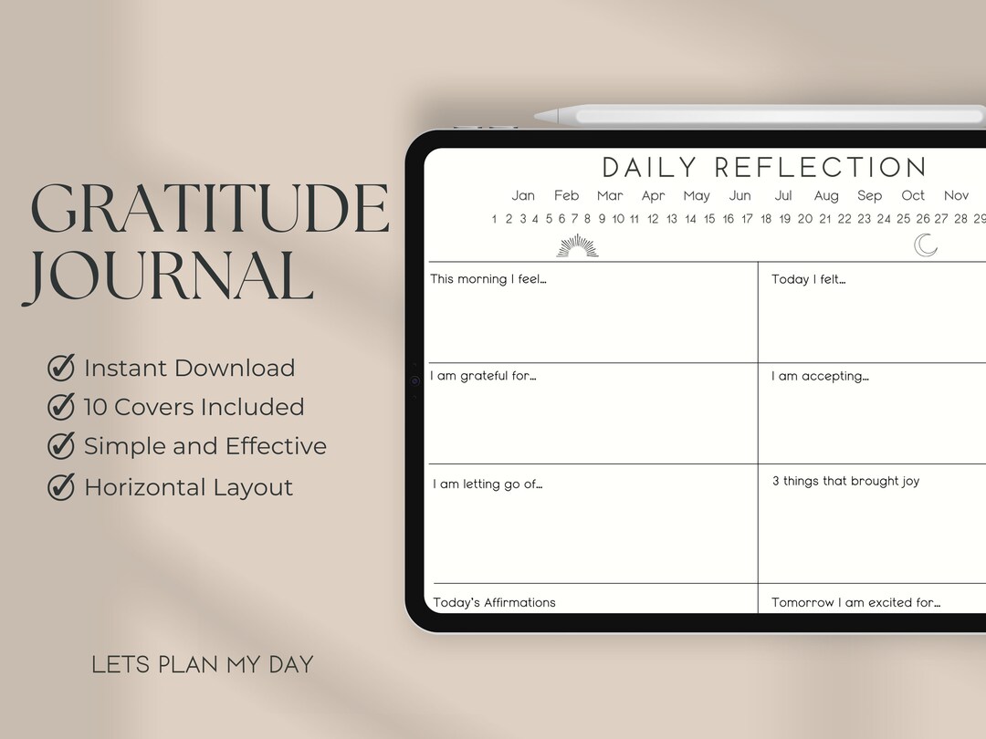 Digital 5 Minute Gratitude Journal, Horizontal Journal Template, Daily ...