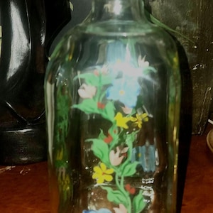 Vintage Glass Decanter Bottle hand painted flowers