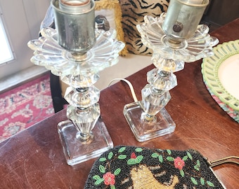 Vintage Clear Glass Boudoir Lamps Set 2 Pair MCM Art Deco